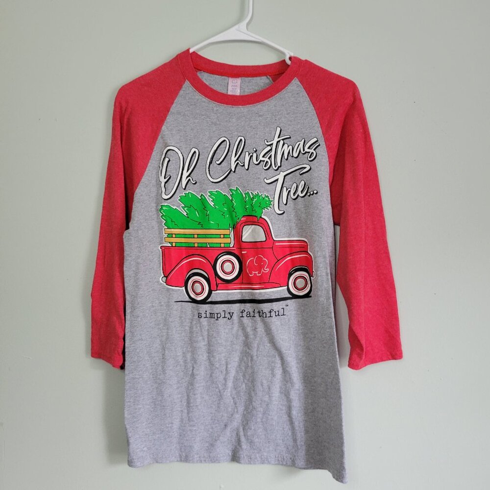 Simply Faithful T-Shirt Women's Small 3/4 Sleeve Christmas Holiday Raglan Tee